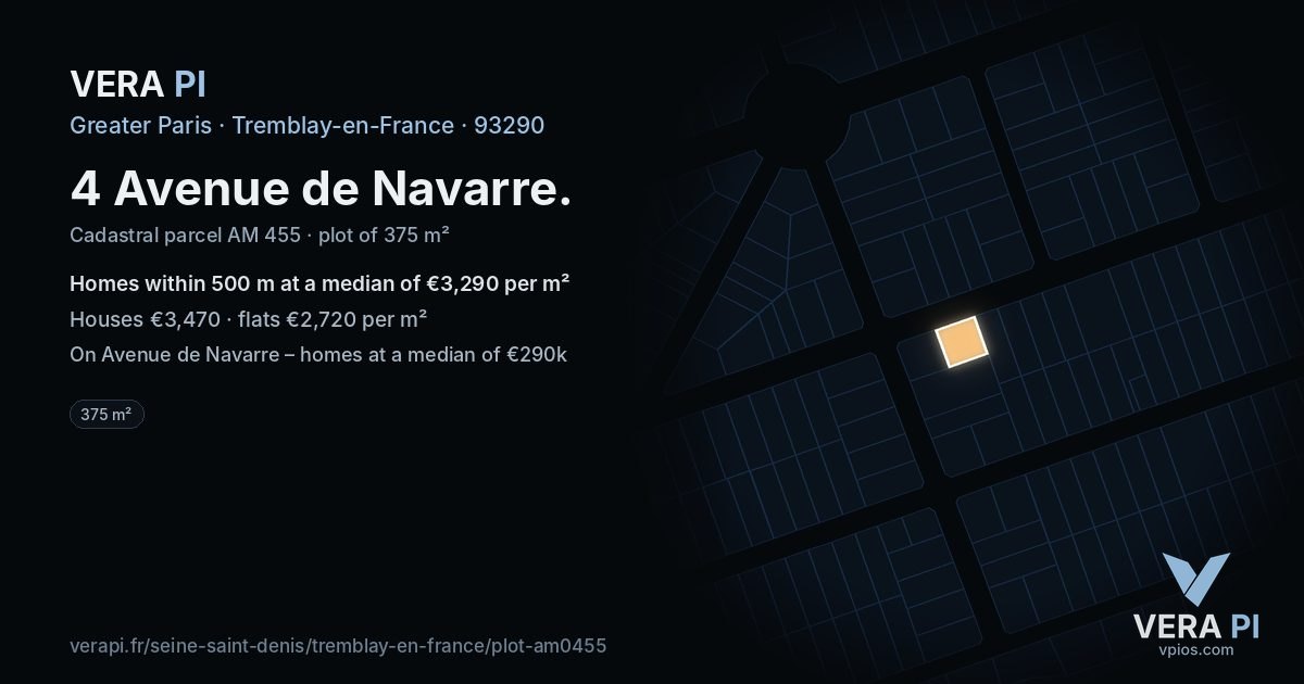 4 Avenue de Navarre, Tremblay-en-France at night – the plot lit, the parcels around coloured by the prices near them