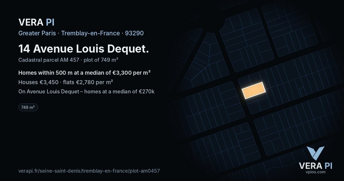14 Avenue Louis Dequet, Tremblay-en-France at night – the plot lit, the parcels around coloured by the prices near them