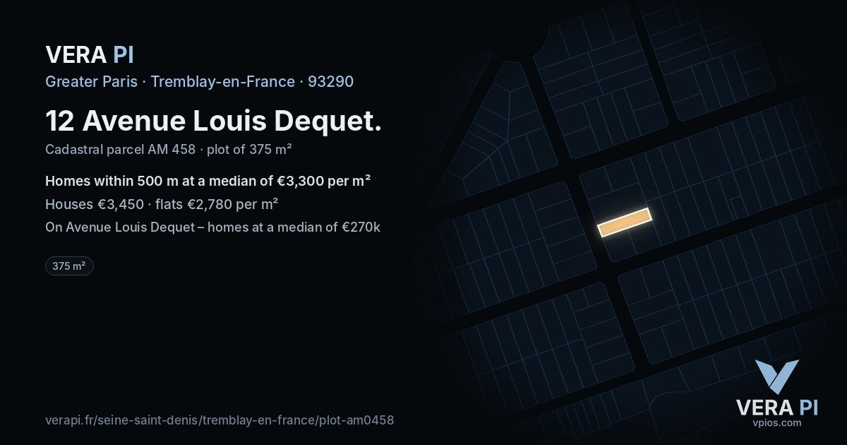 12 Avenue Louis Dequet, Tremblay-en-France at night – the plot lit, the parcels around coloured by the prices near them