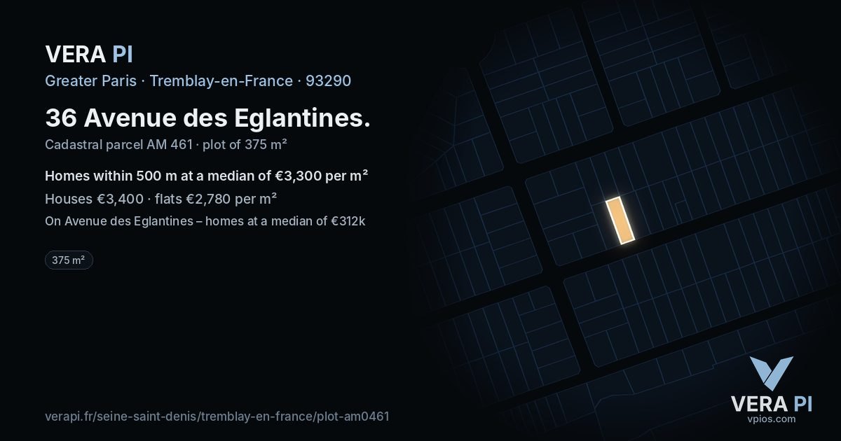 36 Avenue des Eglantines, Tremblay-en-France at night – the plot lit, the parcels around coloured by the prices near them