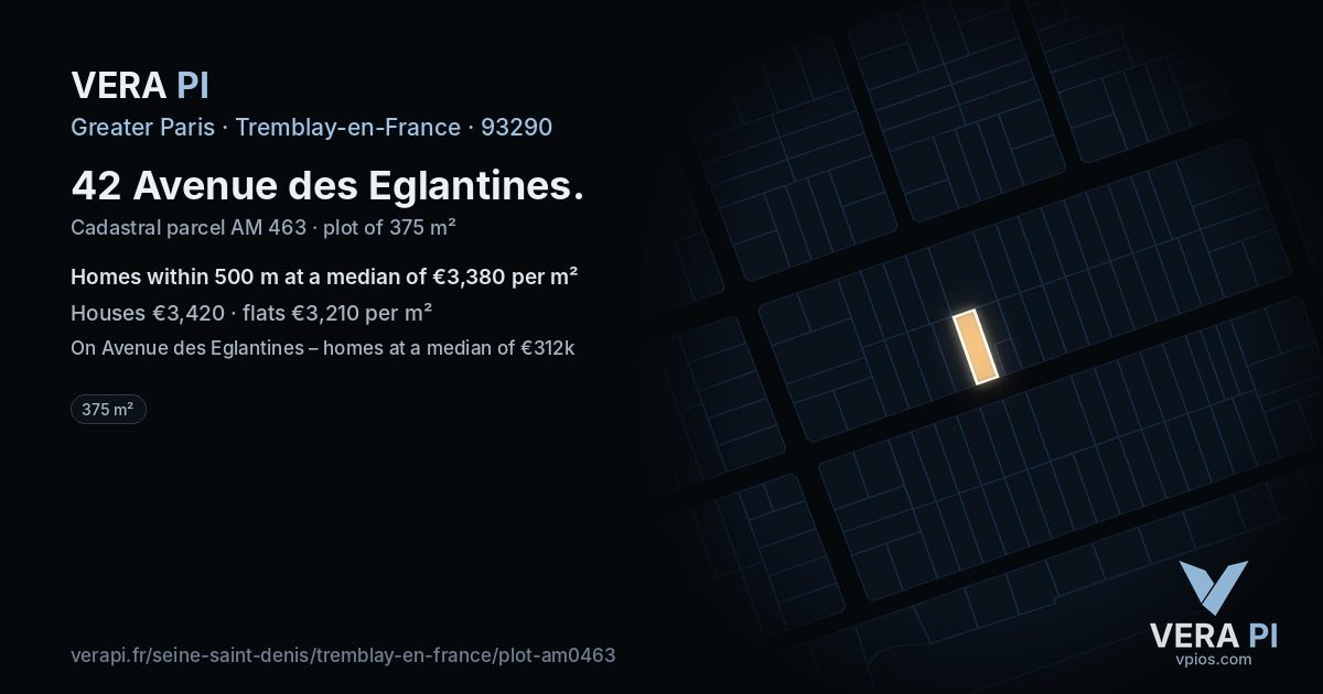 42 Avenue des Eglantines, Tremblay-en-France at night – the plot lit, the parcels around coloured by the prices near them
