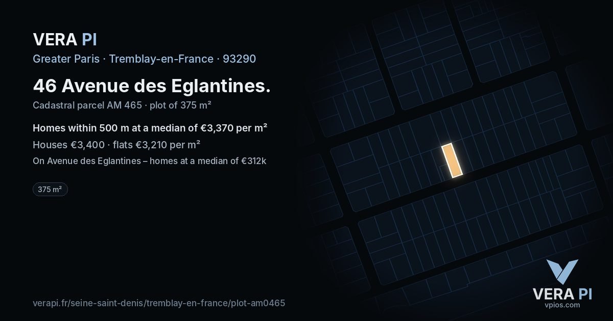 46 Avenue des Eglantines, Tremblay-en-France at night – the plot lit, the parcels around coloured by the prices near them