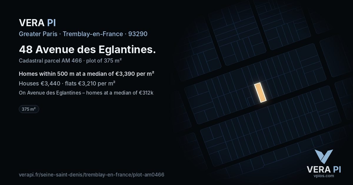 48 Avenue des Eglantines, Tremblay-en-France at night – the plot lit, the parcels around coloured by the prices near them
