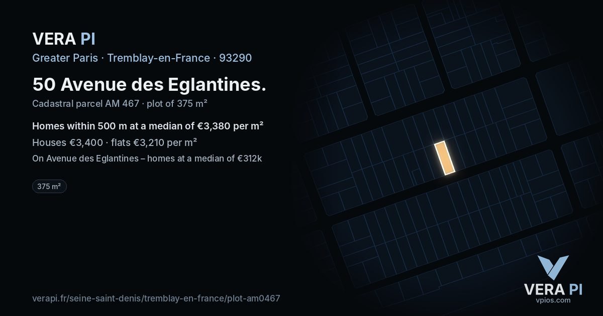 50 Avenue des Eglantines, Tremblay-en-France at night – the plot lit, the parcels around coloured by the prices near them
