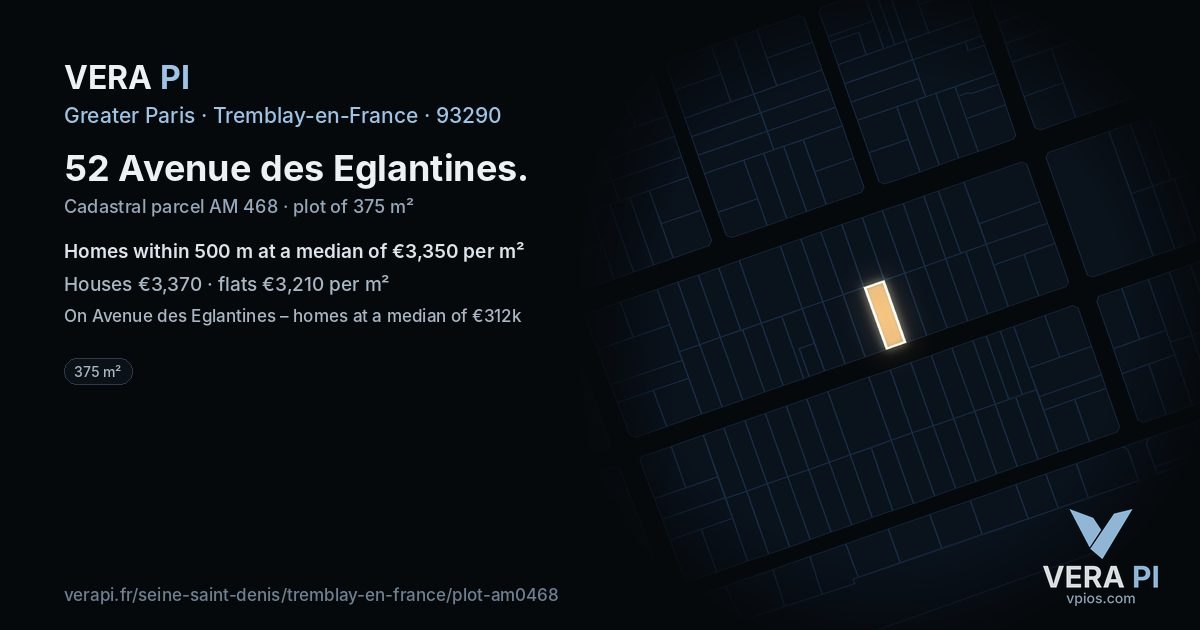 52 Avenue des Eglantines, Tremblay-en-France at night – the plot lit, the parcels around coloured by the prices near them