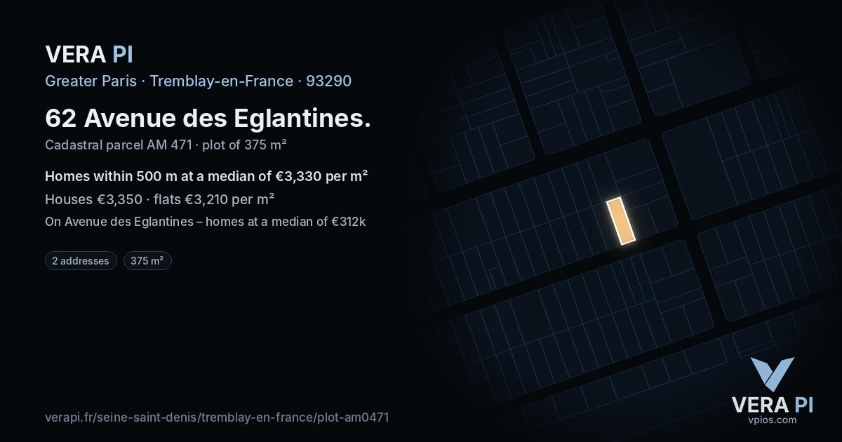 62 Avenue des Eglantines, Tremblay-en-France at night – the plot lit, the parcels around coloured by the prices near them