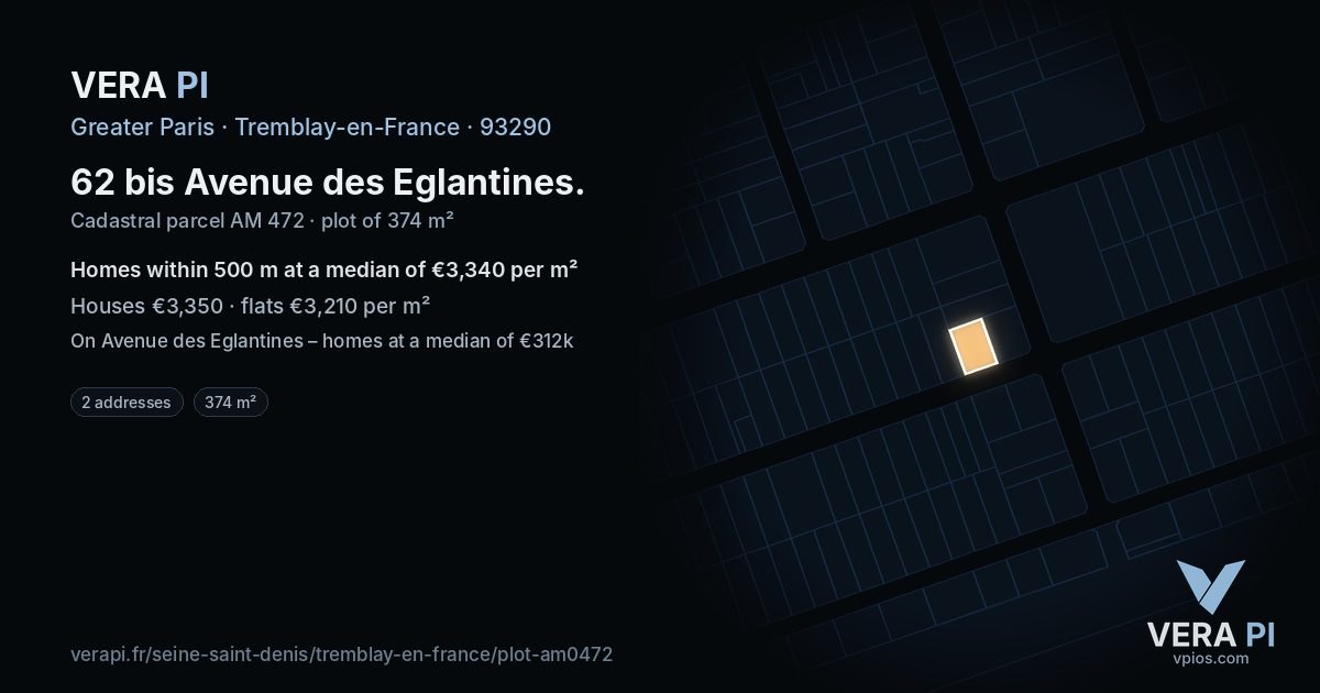 62 bis Avenue des Eglantines, Tremblay-en-France at night – the plot lit, the parcels around coloured by the prices near them