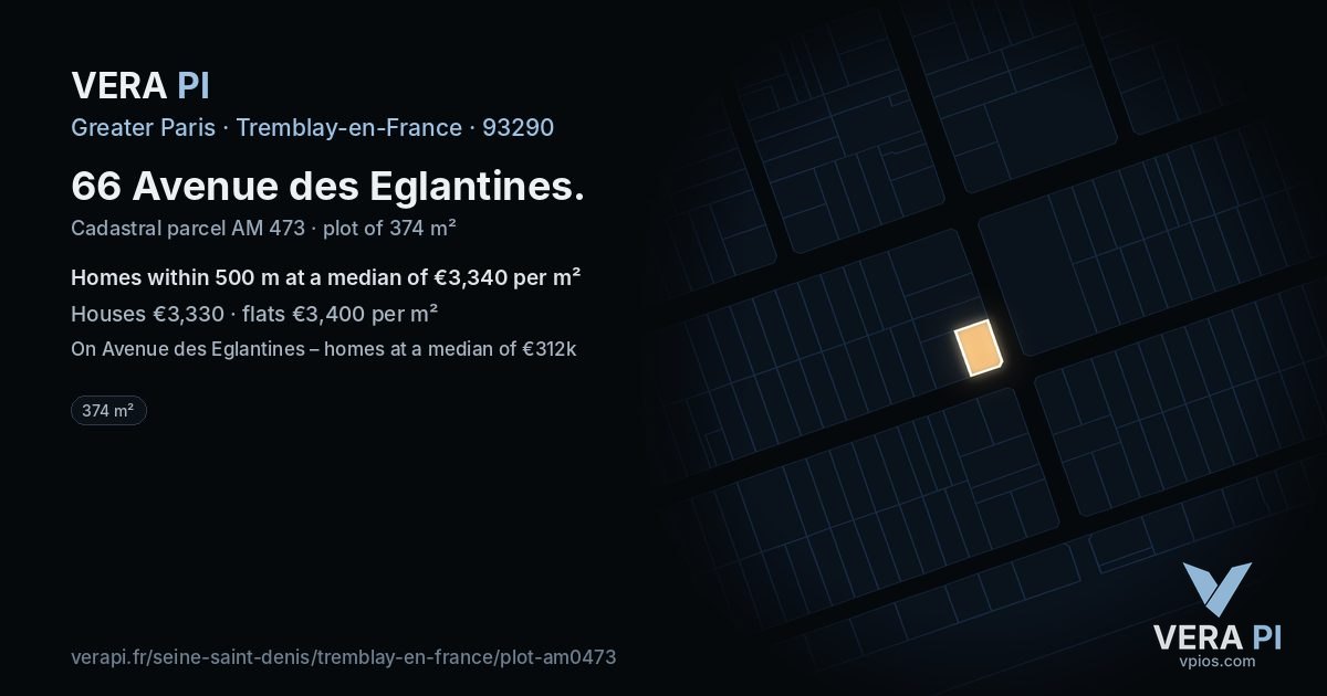 66 Avenue des Eglantines, Tremblay-en-France at night – the plot lit, the parcels around coloured by the prices near them