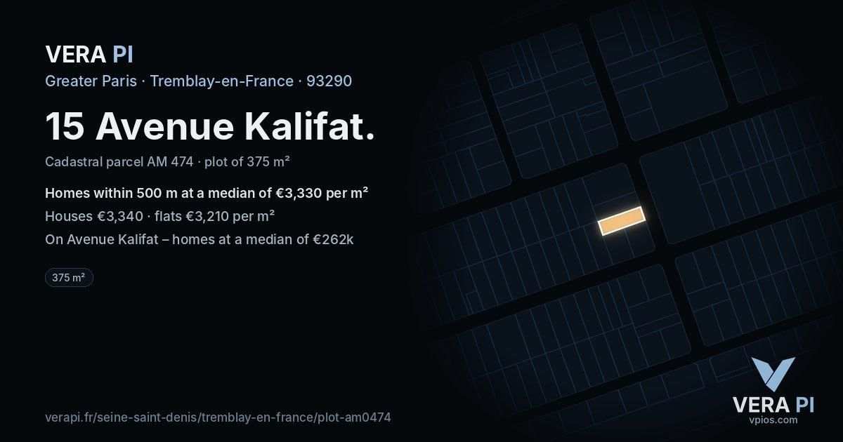 15 Avenue Kalifat, Tremblay-en-France at night – the plot lit, the parcels around coloured by the prices near them