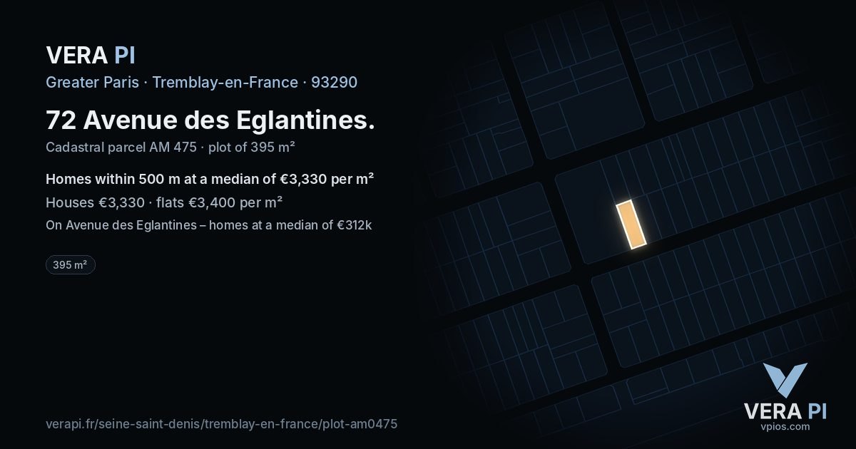72 Avenue des Eglantines, Tremblay-en-France at night – the plot lit, the parcels around coloured by the prices near them