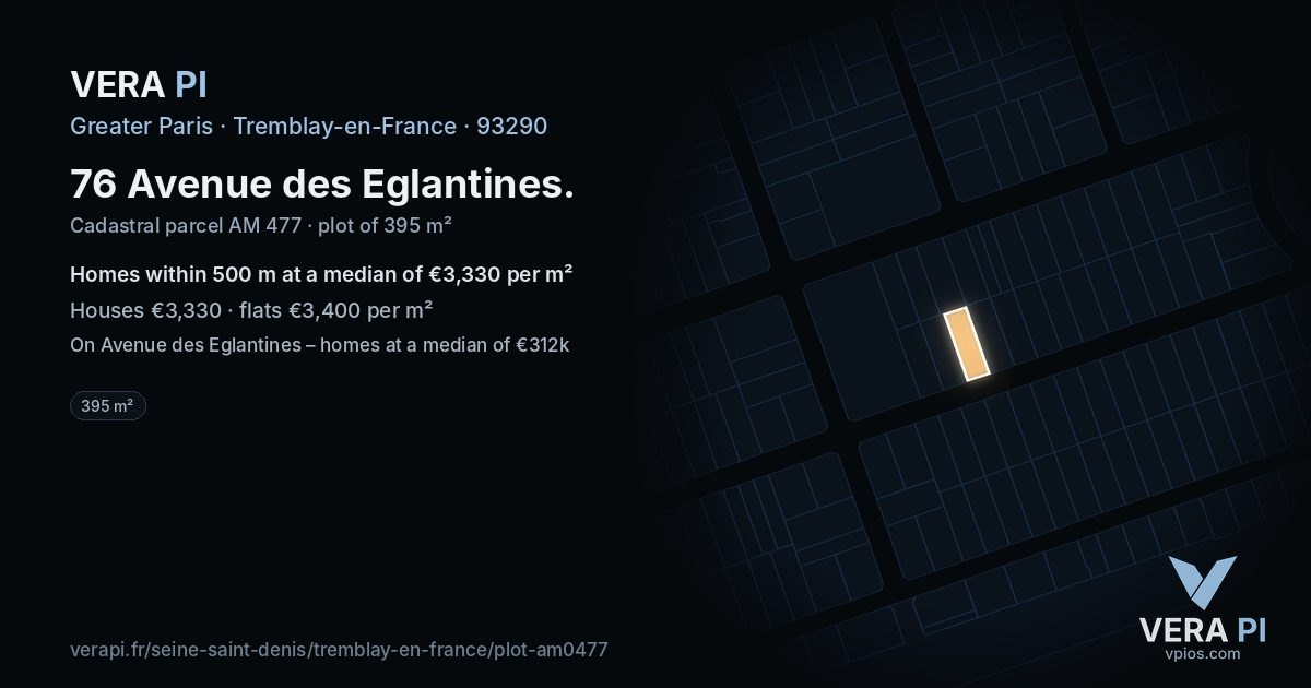76 Avenue des Eglantines, Tremblay-en-France at night – the plot lit, the parcels around coloured by the prices near them