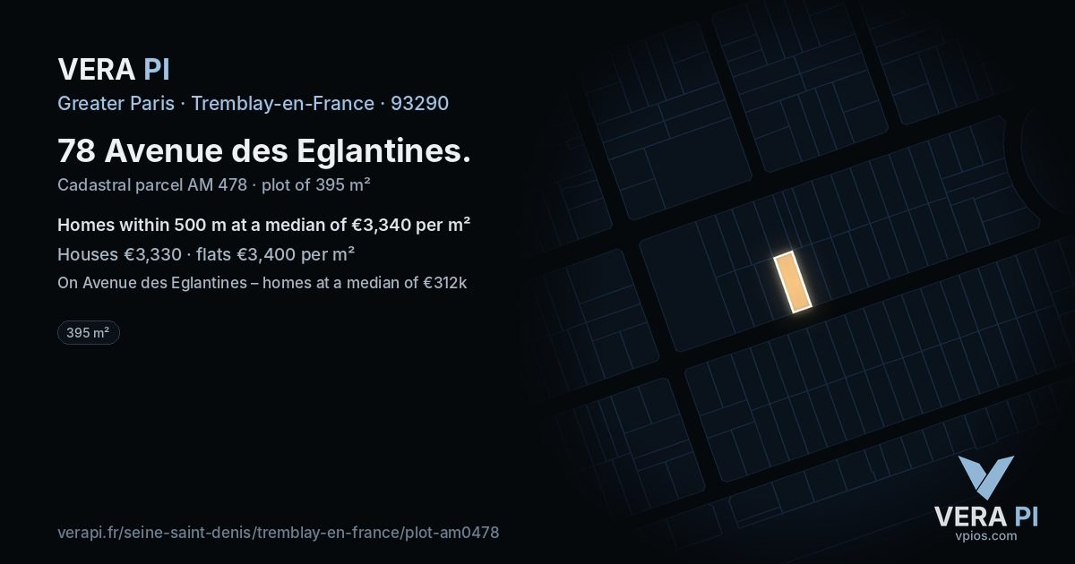 78 Avenue des Eglantines, Tremblay-en-France at night – the plot lit, the parcels around coloured by the prices near them