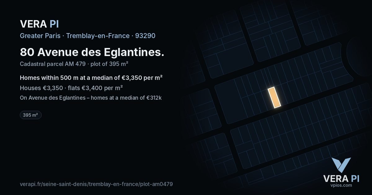 80 Avenue des Eglantines, Tremblay-en-France at night – the plot lit, the parcels around coloured by the prices near them