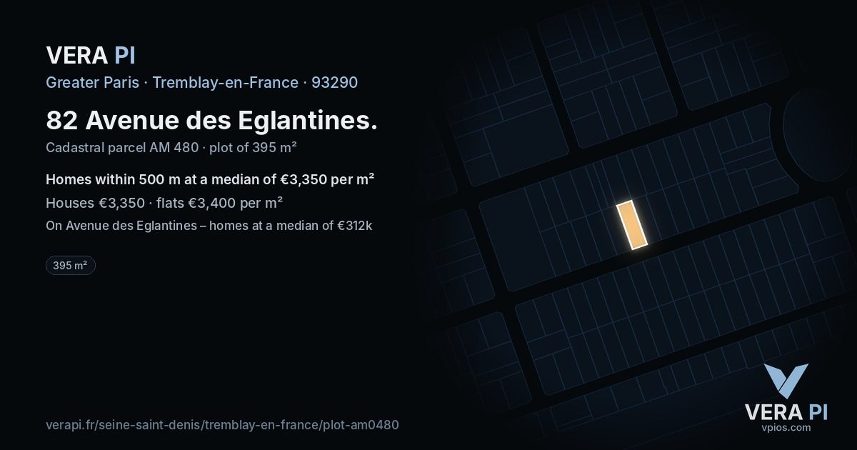 82 Avenue des Eglantines, Tremblay-en-France at night – the plot lit, the parcels around coloured by the prices near them