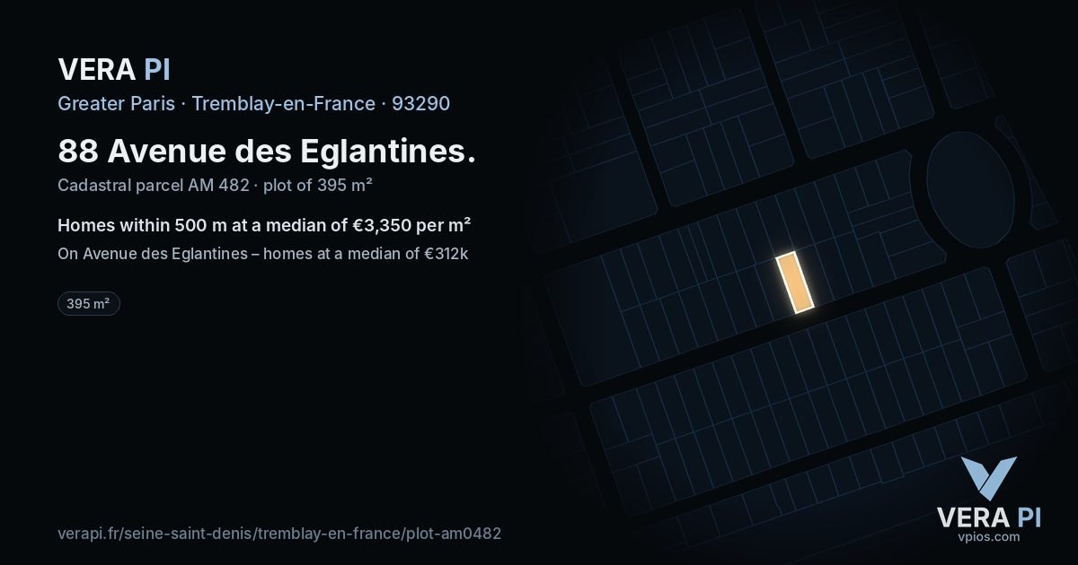 88 Avenue des Eglantines, Tremblay-en-France at night – the plot lit, the parcels around coloured by the prices near them