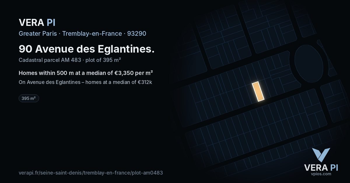 90 Avenue des Eglantines, Tremblay-en-France at night – the plot lit, the parcels around coloured by the prices near them