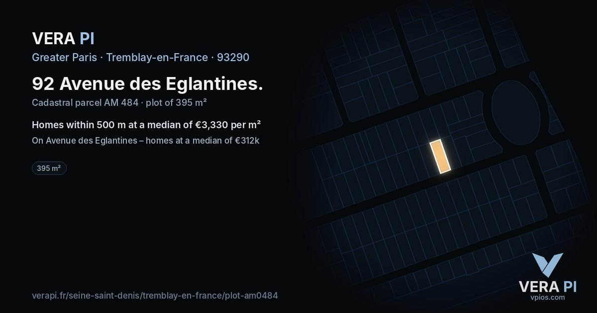 92 Avenue des Eglantines, Tremblay-en-France at night – the plot lit, the parcels around coloured by the prices near them