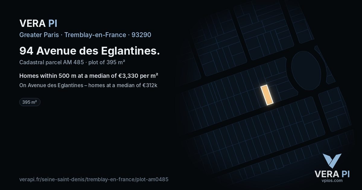 94 Avenue des Eglantines, Tremblay-en-France at night – the plot lit, the parcels around coloured by the prices near them