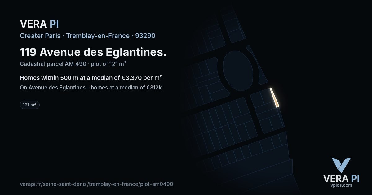 119 Avenue des Eglantines, Tremblay-en-France at night – the plot lit, the parcels around coloured by the prices near them