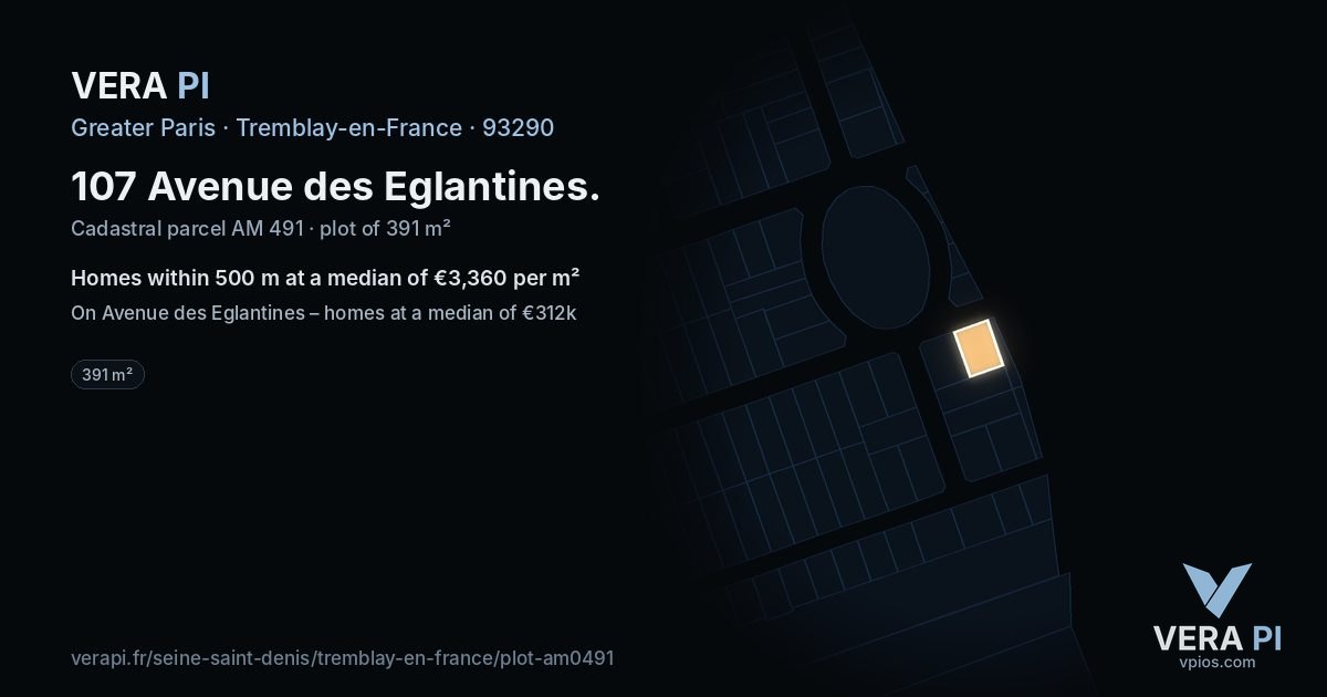 107 Avenue des Eglantines, Tremblay-en-France at night – the plot lit, the parcels around coloured by the prices near them