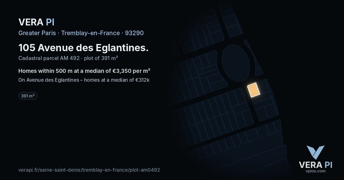 105 Avenue des Eglantines, Tremblay-en-France at night – the plot lit, the parcels around coloured by the prices near them
