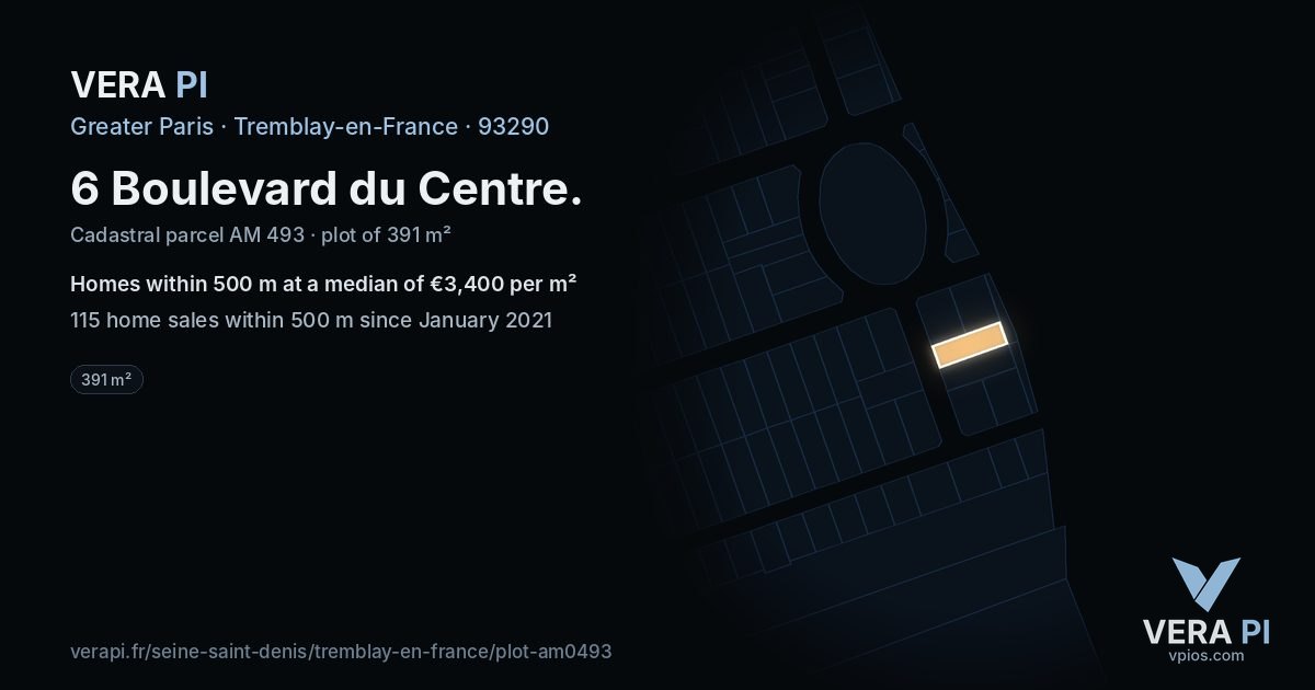 6 Boulevard du Centre, Tremblay-en-France at night – the plot lit, the parcels around coloured by the prices near them