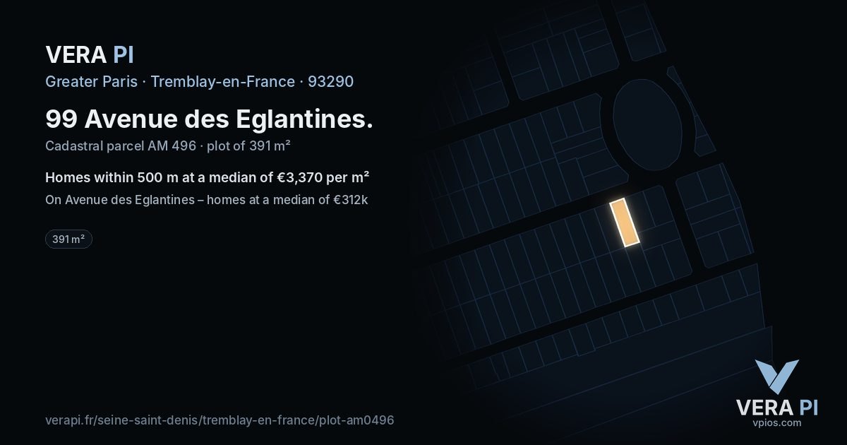 99 Avenue des Eglantines, Tremblay-en-France at night – the plot lit, the parcels around coloured by the prices near them