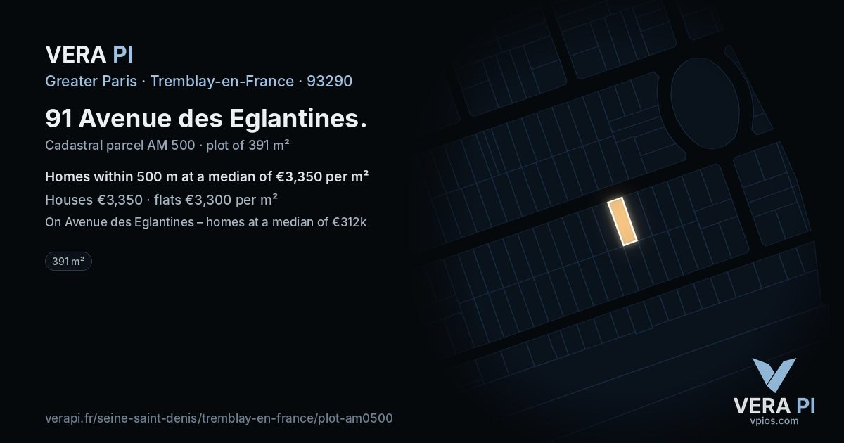 91 Avenue des Eglantines, Tremblay-en-France at night – the plot lit, the parcels around coloured by the prices near them