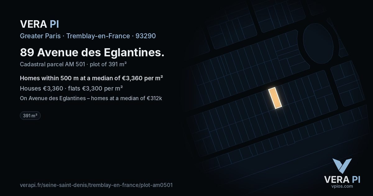 89 Avenue des Eglantines, Tremblay-en-France at night – the plot lit, the parcels around coloured by the prices near them