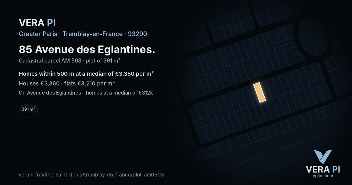 85 Avenue des Eglantines, Tremblay-en-France at night – the plot lit, the parcels around coloured by the prices near them