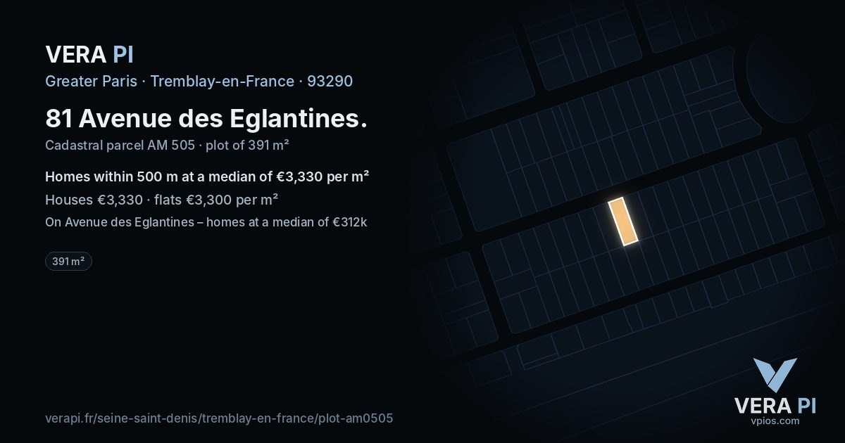 81 Avenue des Eglantines, Tremblay-en-France at night – the plot lit, the parcels around coloured by the prices near them