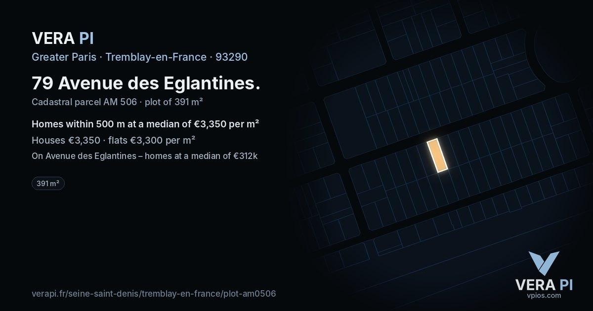 79 Avenue des Eglantines, Tremblay-en-France at night – the plot lit, the parcels around coloured by the prices near them