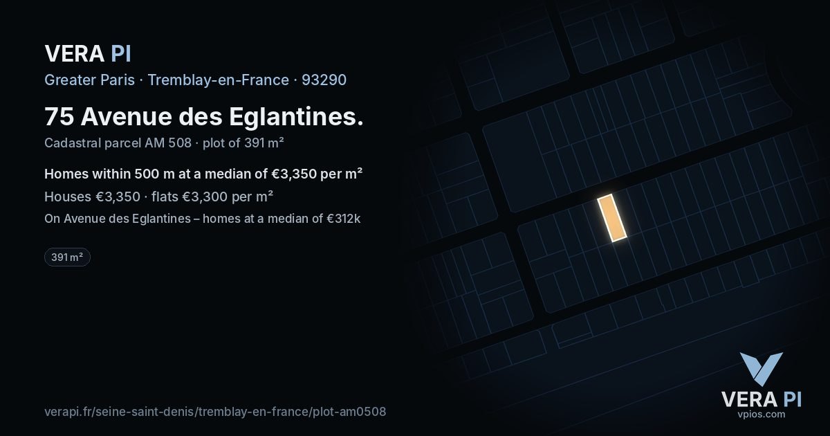 75 Avenue des Eglantines, Tremblay-en-France at night – the plot lit, the parcels around coloured by the prices near them