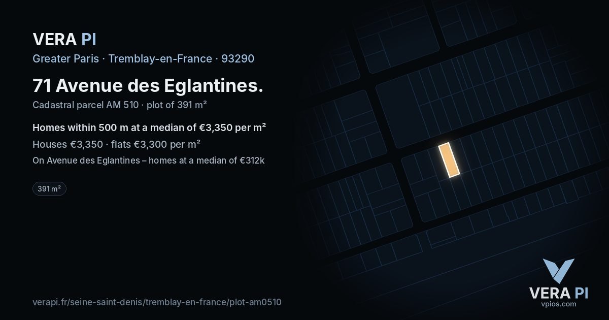 71 Avenue des Eglantines, Tremblay-en-France at night – the plot lit, the parcels around coloured by the prices near them