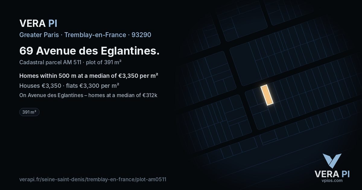 69 Avenue des Eglantines, Tremblay-en-France at night – the plot lit, the parcels around coloured by the prices near them