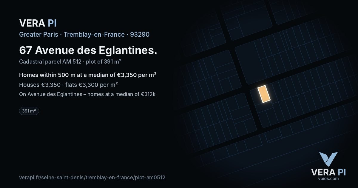 67 Avenue des Eglantines, Tremblay-en-France at night – the plot lit, the parcels around coloured by the prices near them