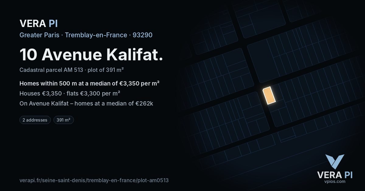10 Avenue Kalifat, Tremblay-en-France at night – the plot lit, the parcels around coloured by the prices near them