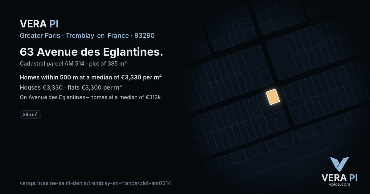 63 Avenue des Eglantines, Tremblay-en-France at night – the plot lit, the parcels around coloured by the prices near them