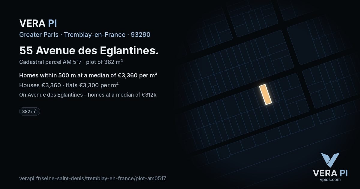 55 Avenue des Eglantines, Tremblay-en-France at night – the plot lit, the parcels around coloured by the prices near them