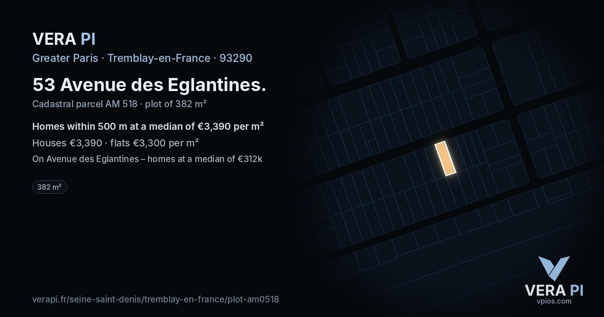 53 Avenue des Eglantines, Tremblay-en-France at night – the plot lit, the parcels around coloured by the prices near them