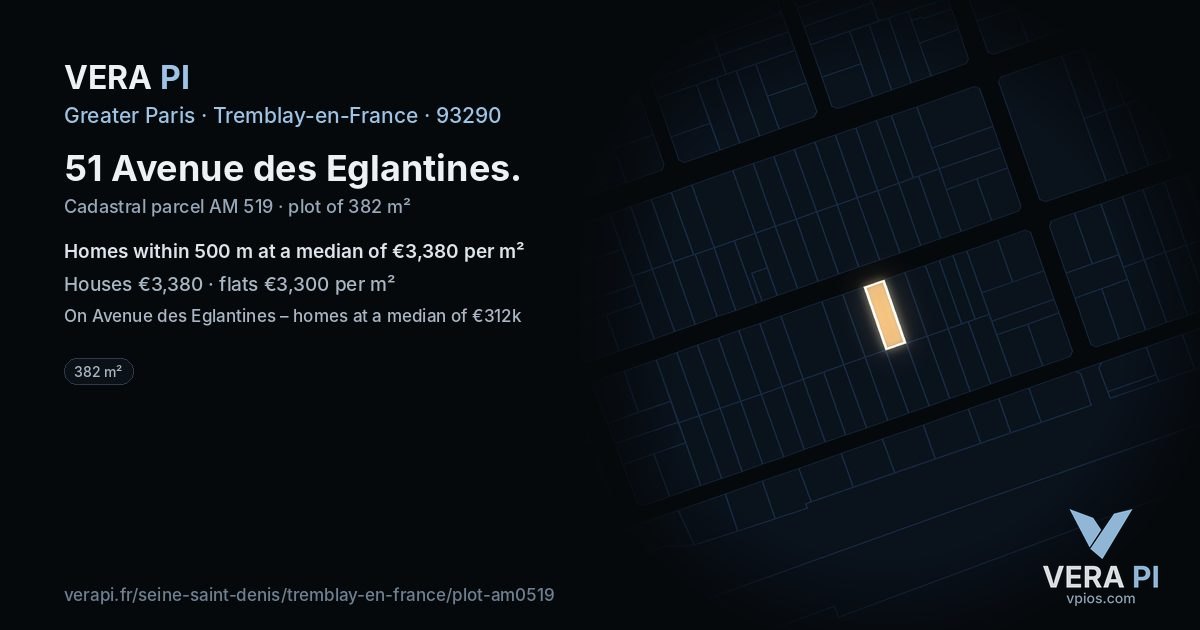 51 Avenue des Eglantines, Tremblay-en-France at night – the plot lit, the parcels around coloured by the prices near them