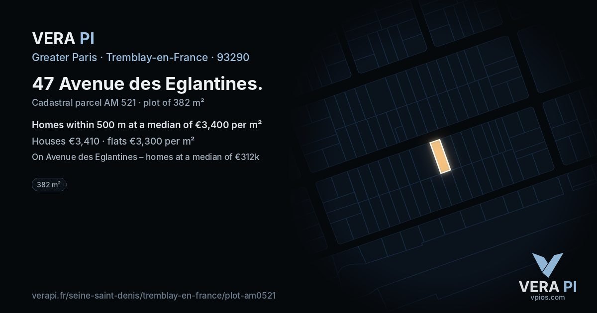 47 Avenue des Eglantines, Tremblay-en-France at night – the plot lit, the parcels around coloured by the prices near them
