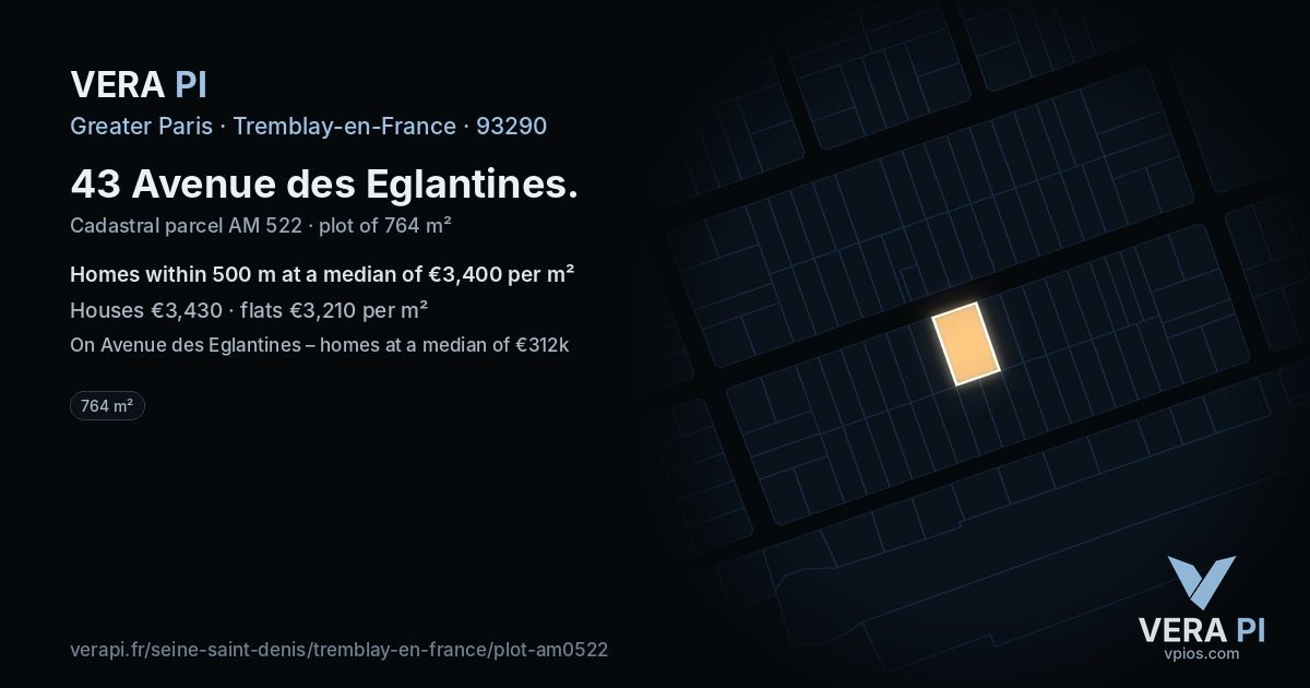 43 Avenue des Eglantines, Tremblay-en-France at night – the plot lit, the parcels around coloured by the prices near them