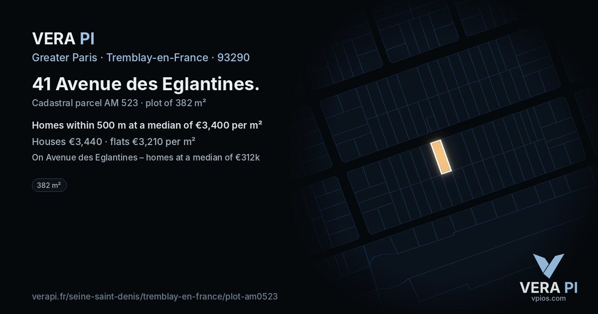 41 Avenue des Eglantines, Tremblay-en-France at night – the plot lit, the parcels around coloured by the prices near them