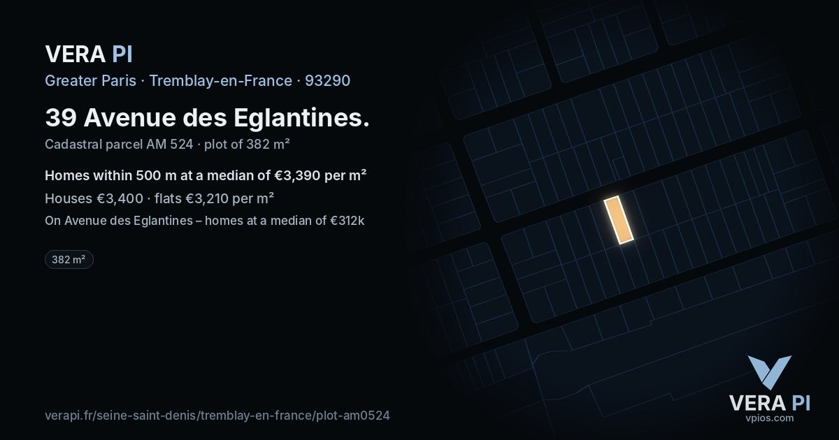 39 Avenue des Eglantines, Tremblay-en-France at night – the plot lit, the parcels around coloured by the prices near them