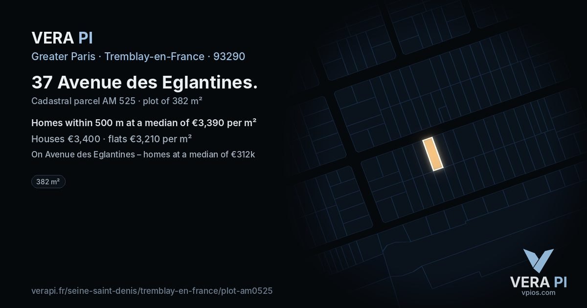 37 Avenue des Eglantines, Tremblay-en-France at night – the plot lit, the parcels around coloured by the prices near them