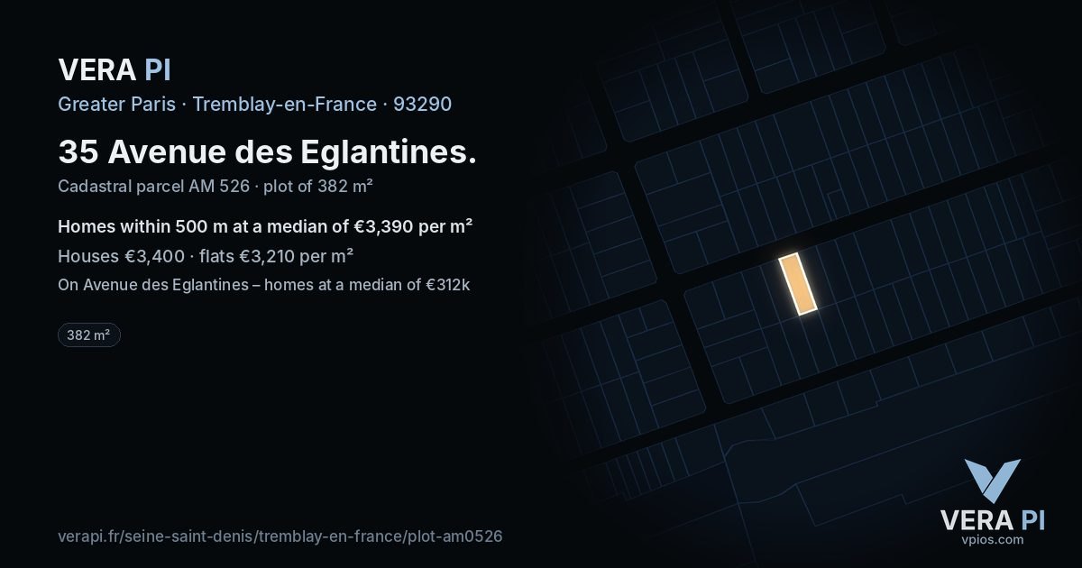 35 Avenue des Eglantines, Tremblay-en-France at night – the plot lit, the parcels around coloured by the prices near them