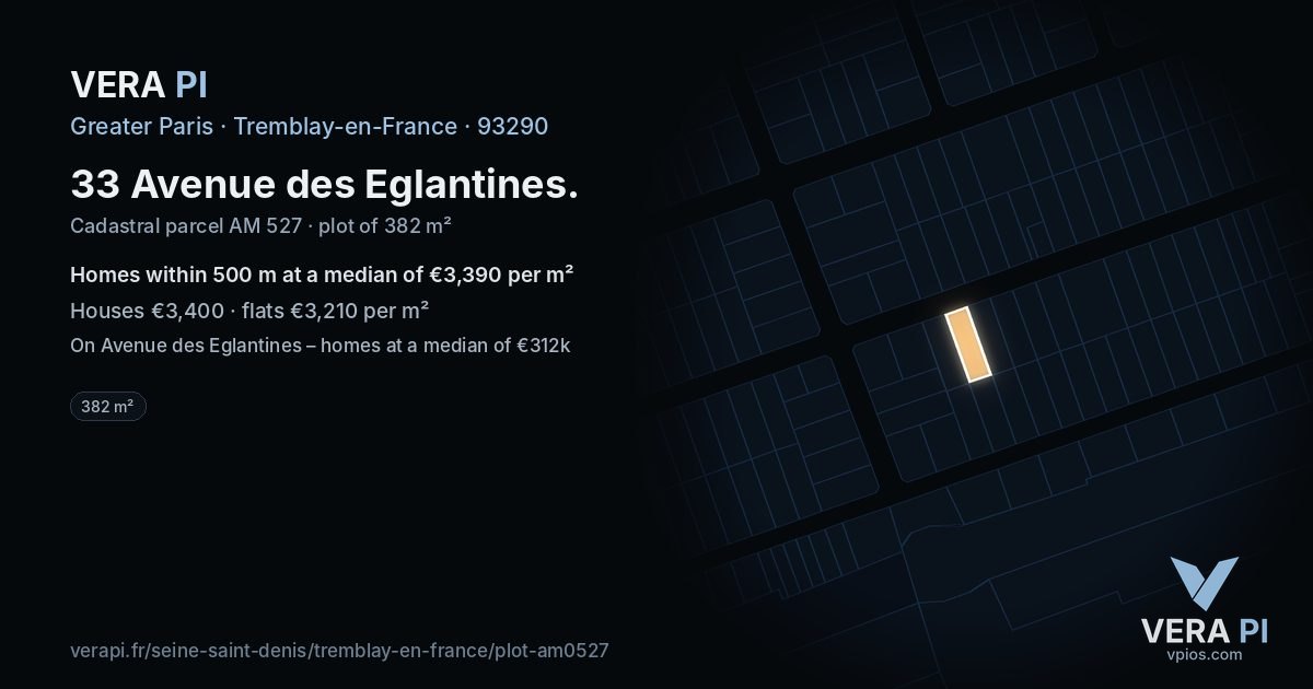 33 Avenue des Eglantines, Tremblay-en-France at night – the plot lit, the parcels around coloured by the prices near them