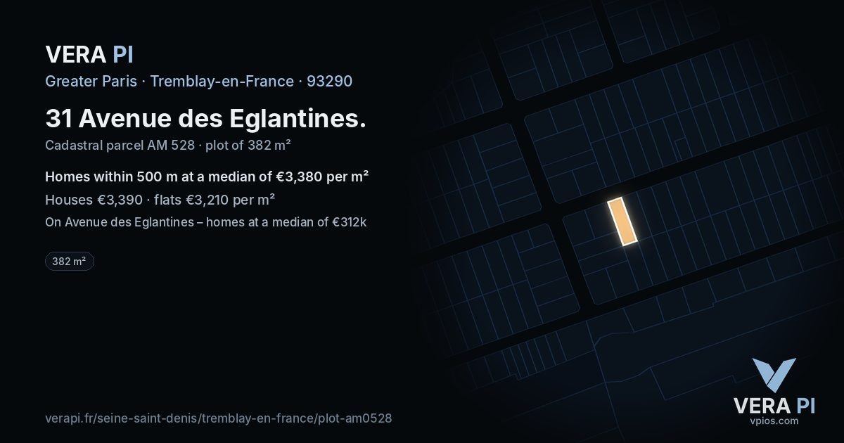 31 Avenue des Eglantines, Tremblay-en-France at night – the plot lit, the parcels around coloured by the prices near them