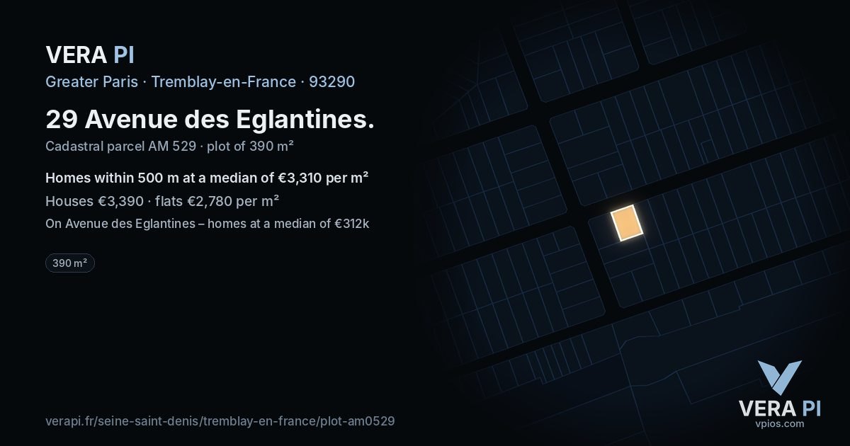 29 Avenue des Eglantines, Tremblay-en-France at night – the plot lit, the parcels around coloured by the prices near them